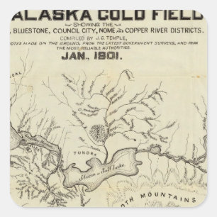 Pegatina Cuadrada Mapa de los nuevos campos del oro de Alaska