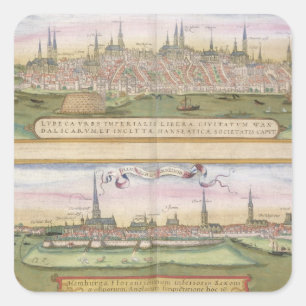 Pegatina Cuadrada Mapa de Lubeck y de Hamburgo, de 'Civitates Orbis