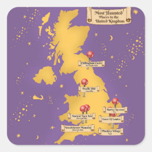 Pegatina Cuadrada Mapa de lugares más embrujados del Reino Unido.