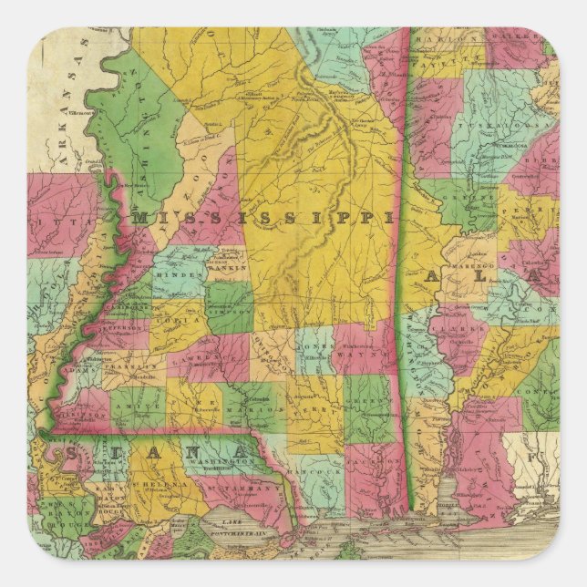 Pegatina Cuadrada Mapa de Luisiana, Misisipi y Alabama (Anverso)