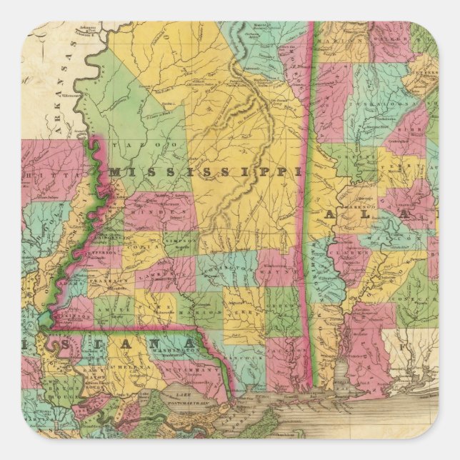 Pegatina Cuadrada Mapa de Luisiana Mississippi y Alabama (Anverso)
