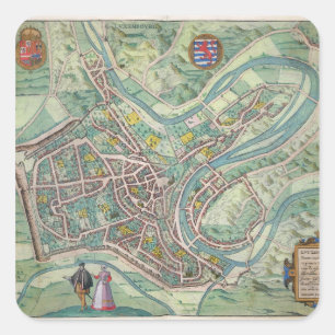 Pegatina Cuadrada Mapa de Luxemburgo, de 'Civitates Orbis Terrarum