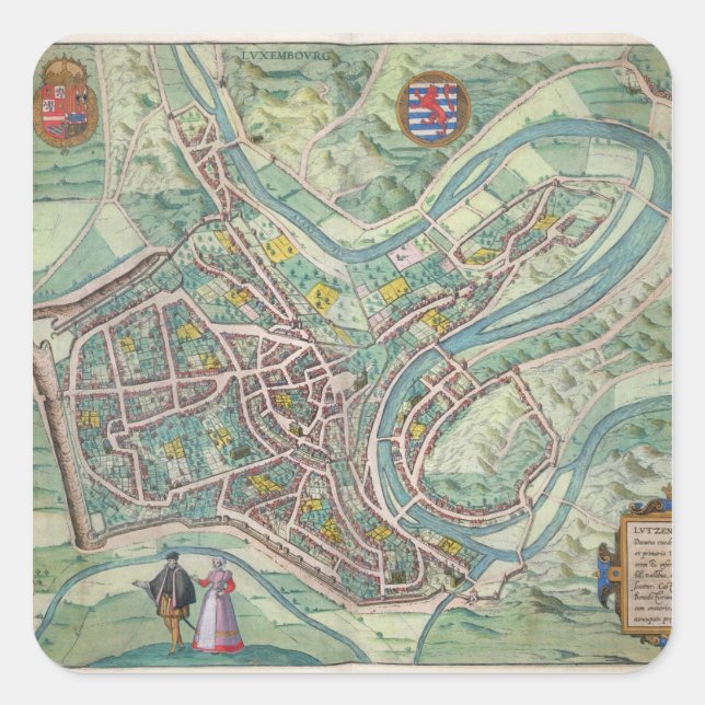 Pegatina Cuadrada Mapa de Luxemburgo, de 'Civitates Orbis Terrarum' (Anverso)