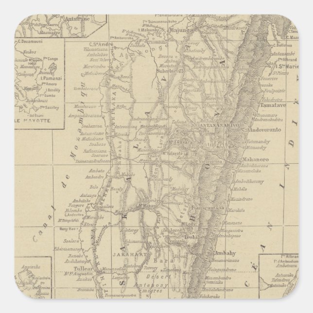 Pegatina Cuadrada Mapa de Madagascar (Anverso)