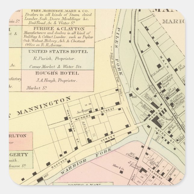 Pegatina Cuadrada Mapa de Mannington, Virginia Occidental (Anverso)