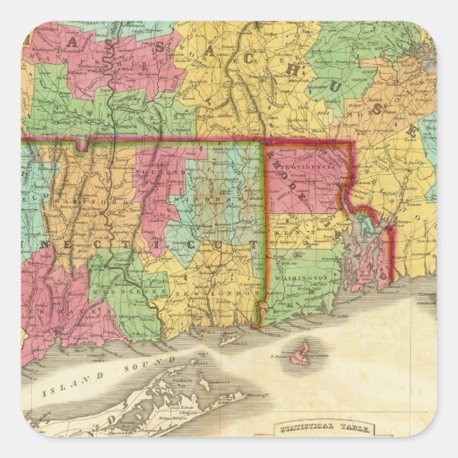 Pegatina Cuadrada Mapa de Massachusetts Connecticut y Rhode Island (Anverso)