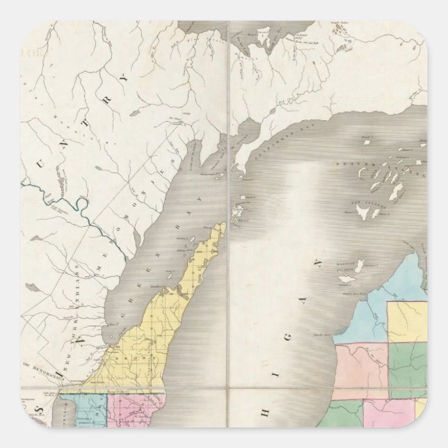 Pegatina Cuadrada Mapa de Michigan y parte del territorio de Wiscons (Anverso)