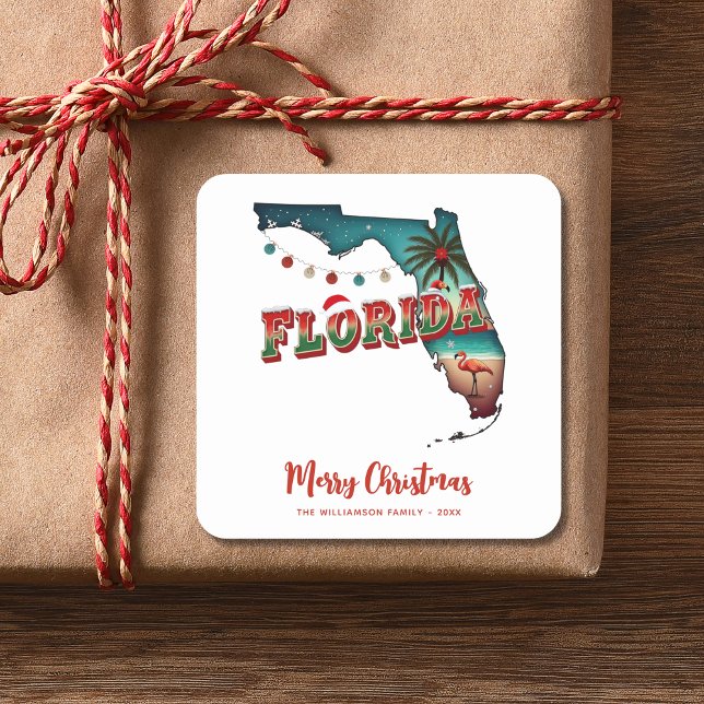 Pegatina Cuadrada Mapa de Navidad del Estado de Florida (Personalize greeting , Name, year.  Matching items in collection.
)