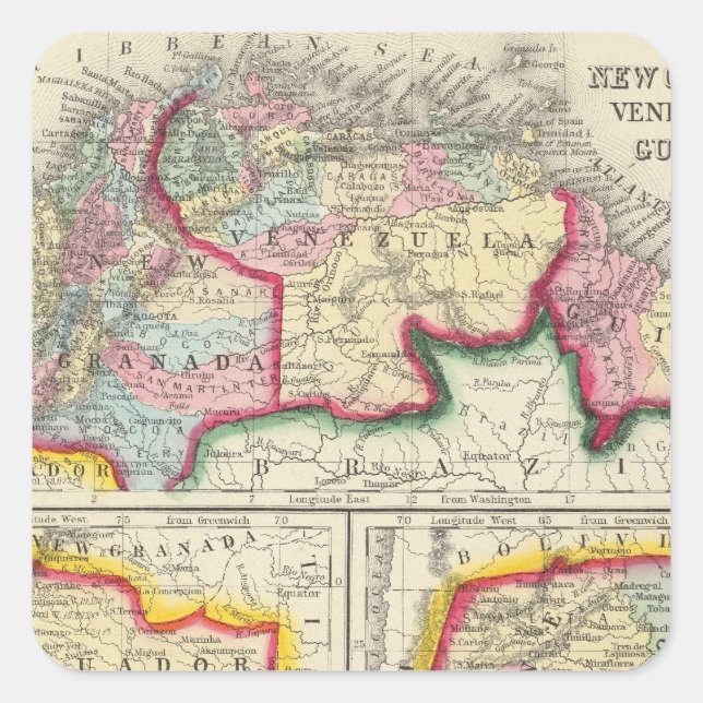 Pegatina Cuadrada Mapa De Nueva Granada, Venezuela Y Guyana (Anverso)