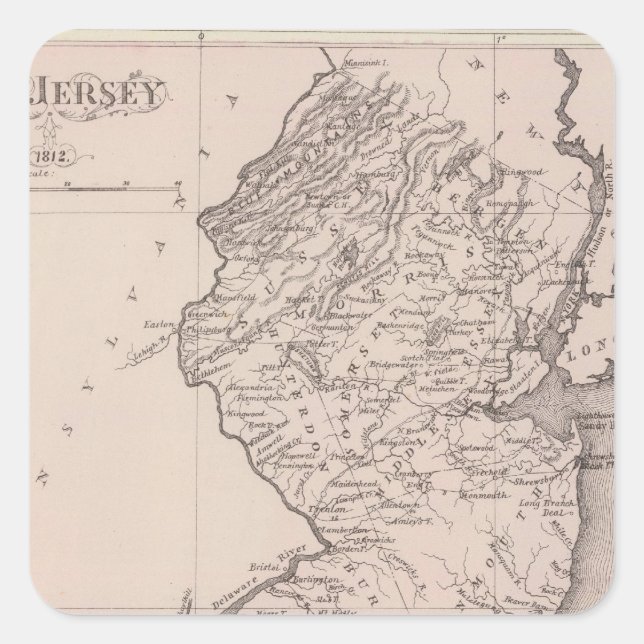 Pegatina Cuadrada Mapa de Nueva Jersey, 1812 (Anverso)