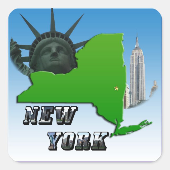 Pegatina Cuadrada Mapa de Nueva York, estatua de la libertad, monume (Anverso)