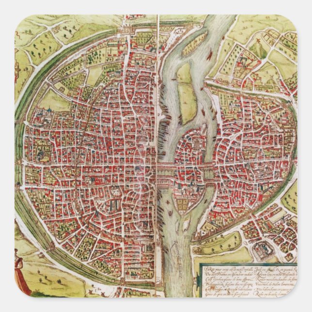 Pegatina Cuadrada Mapa de París de 'Civitates orbis terrarrum' (Anverso)