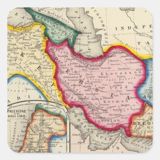 Pegatina Cuadrada Mapa de Persia, Turquía en Asia, Afganistán (Anverso)