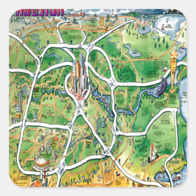 Pegatina Cuadrada Mapa de Personalizados de Houston Texas (Anverso)