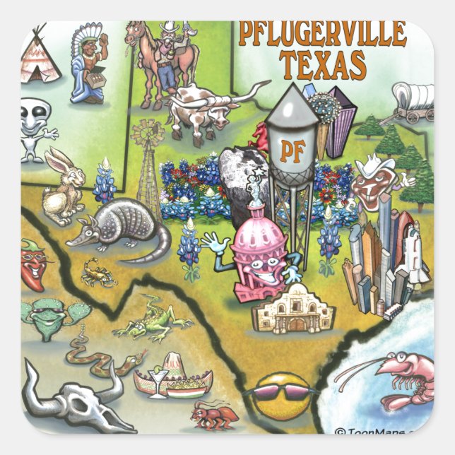 Pegatina Cuadrada Mapa de Personalizados de Pflugerville Texas (Anverso)