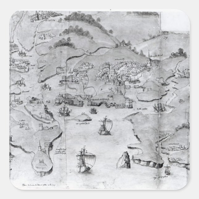 Pegatina Cuadrada Mapa de Plymouth, c.1539 (Anverso)