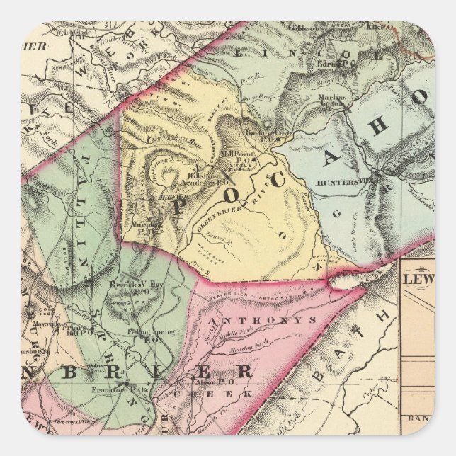 Pegatina Cuadrada Mapa de Pocohontas, condados de Greenbrier (Anverso)