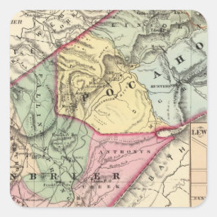 Pegatina Cuadrada Mapa de Pocohontas, condados de Greenbrier