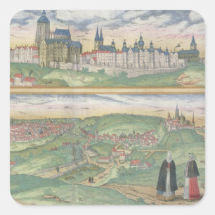 Pegatina Cuadrada Mapa de Praga, de "Civitates Orbis Terrarum" cerca
