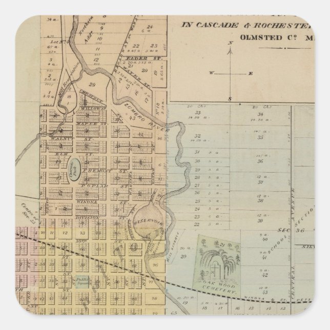 Pegatina Cuadrada Mapa de Rochester, Minnesota (Anverso)