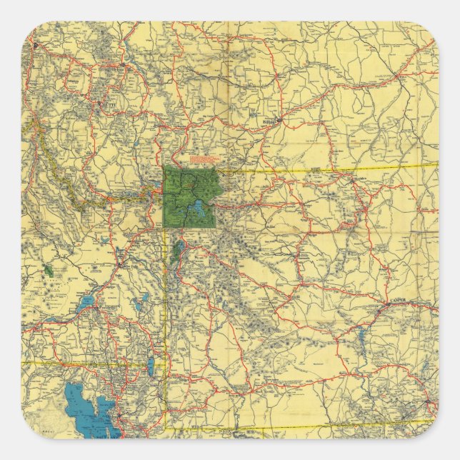 Pegatina Cuadrada Mapa de ruta de Idaho, Mont, Wyo (Anverso)