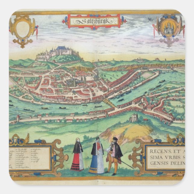 Pegatina Cuadrada Mapa de Salzburgo, de 'Civitates Orbis Terrarum' b (Anverso)