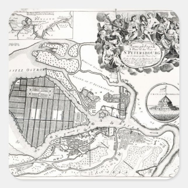 Pegatina Cuadrada Mapa de San Petersburgo (Anverso)