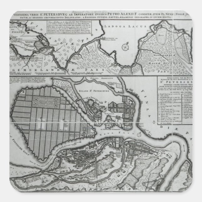 Pegatina Cuadrada Mapa de San Petersburgo, c.1750 (Anverso)