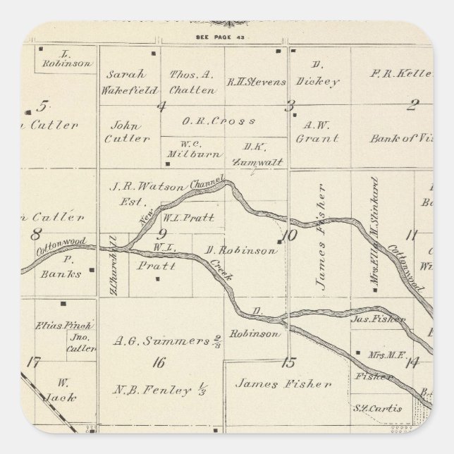 Pegatina Cuadrada Mapa de sección del condado de Tulare T17S R25E (Anverso)