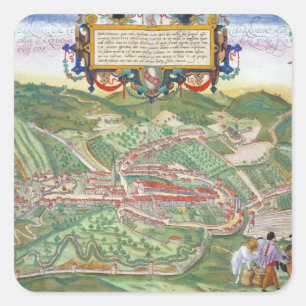 Pegatina Cuadrada Mapa de Serravalle, de 'Civitates Orbis Terrarum