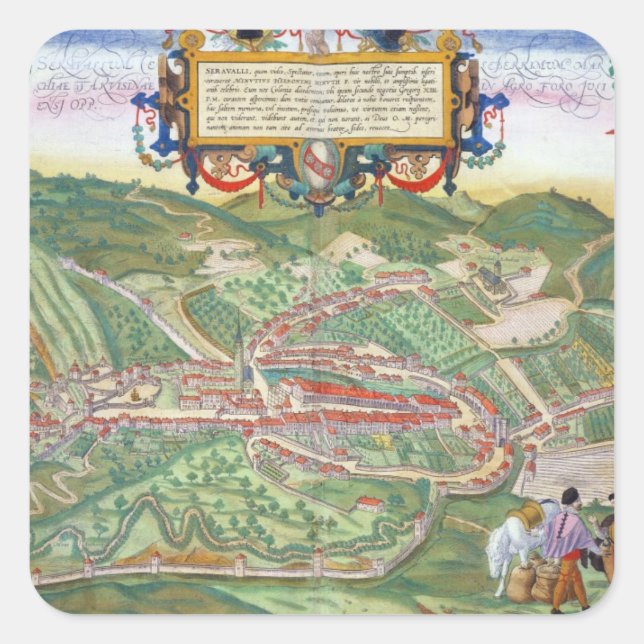 Pegatina Cuadrada Mapa de Serravalle, de 'Civitates Orbis Terrarum' (Anverso)