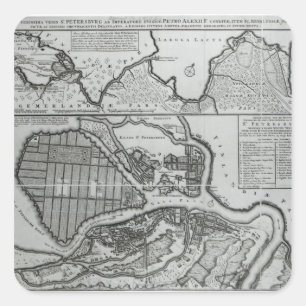 Pegatina Cuadrada Mapa de St Petersburg, c.1750