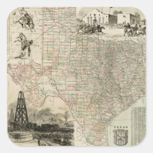 Pegatina Cuadrada Mapa de Texas con fronteras del condado