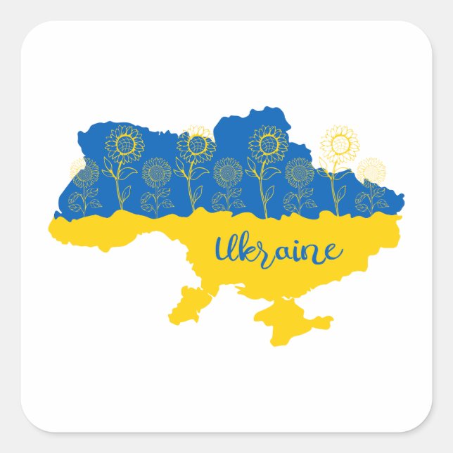 Pegatina Cuadrada Mapa de Ucrania con girasol y bandera ucraniana (Anverso)