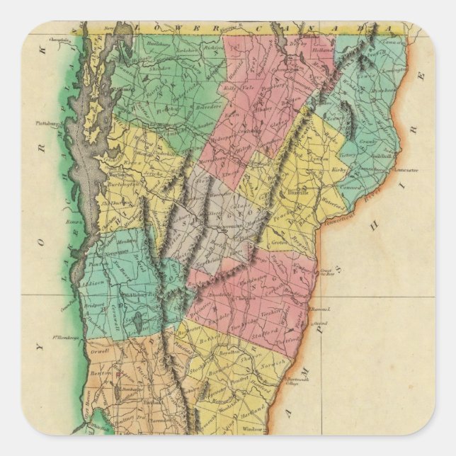 Pegatina Cuadrada Mapa De Vermont (Anverso)
