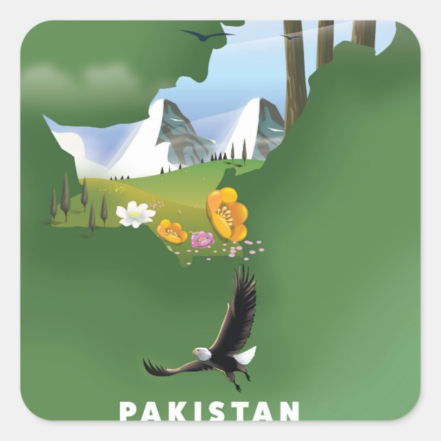 Pegatina Cuadrada Mapa de viaje ilustrado de Pakistán. (Anverso)
