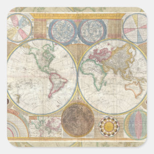 Pegatina Cuadrada Mapa de viaje mundial geografía antigua vintage