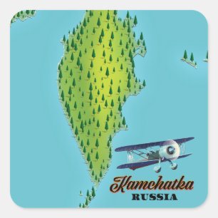Pegatina Cuadrada Mapa de viajes de la península de Kamchatka en Rus