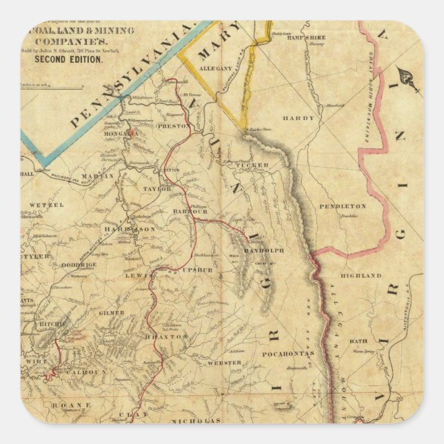 Pegatina Cuadrada Mapa de Virginia Occidental de Richardson (Anverso)