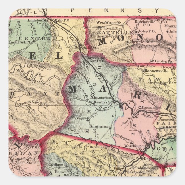 Pegatina Cuadrada Mapa de Winfield, Virginia Occidental (Anverso)