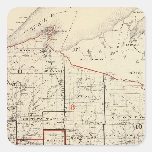 Pegatina Cuadrada Mapa de Wisconsin (Anverso)