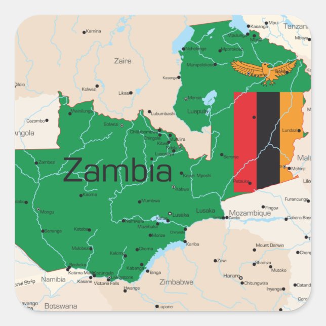 Pegatina Cuadrada Mapa De Zambia (Anverso)
