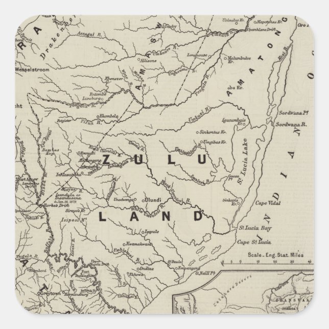 Pegatina Cuadrada Mapa de Zululand con las fronteras adyacentes (Anverso)