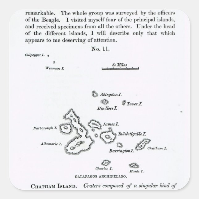 Pegatina Cuadrada Mapa del archipiélago de las Galápagos, 1844 (Anverso)