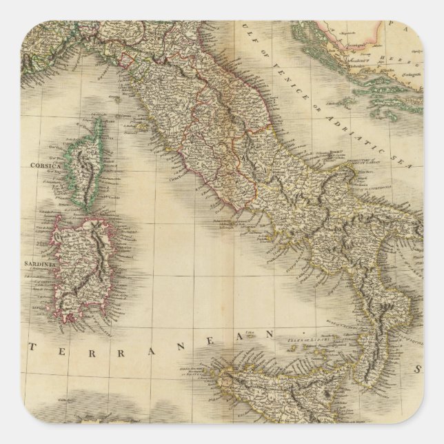 Pegatina Cuadrada Mapa del Atlas de Italia (Anverso)