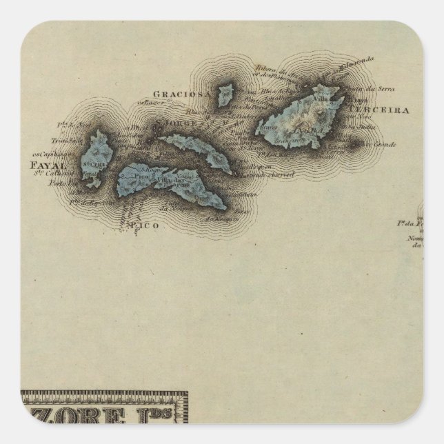 Pegatina Cuadrada Mapa del Atlas de las Islas Azores (Anverso)