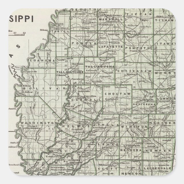 Pegatina Cuadrada Mapa del Atlas de Misisipi (Anverso)