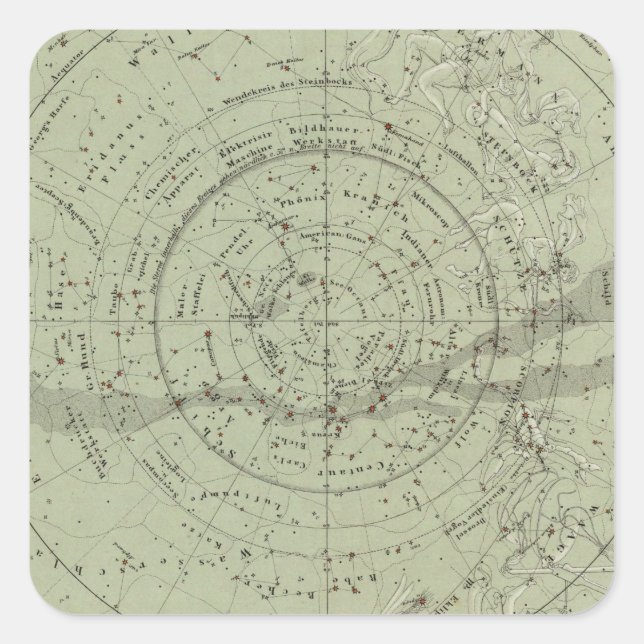 Pegatina Cuadrada Mapa del centro del cielo sureño (Anverso)