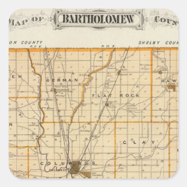 Pegatina Cuadrada Mapa del condado de Bartholomew (Anverso)