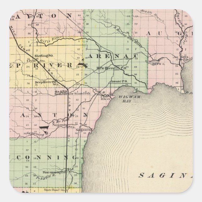 Pegatina Cuadrada Mapa del condado de Bay, Michigan (Anverso)